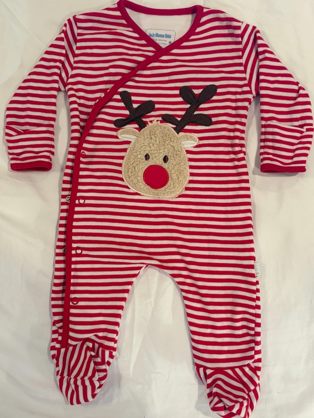 JoJo Maman Bebe red striped sleeper w/soft Reindeer Appliqué sz 3-6 mo EUC